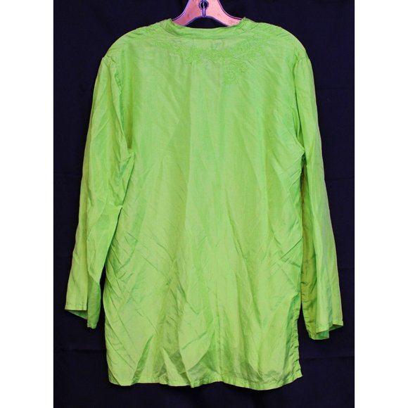 Chico's Silk Button Down sz 1 Green Floral Embroidery Spring Smooth Sleepshirt - Picture 2 of 6